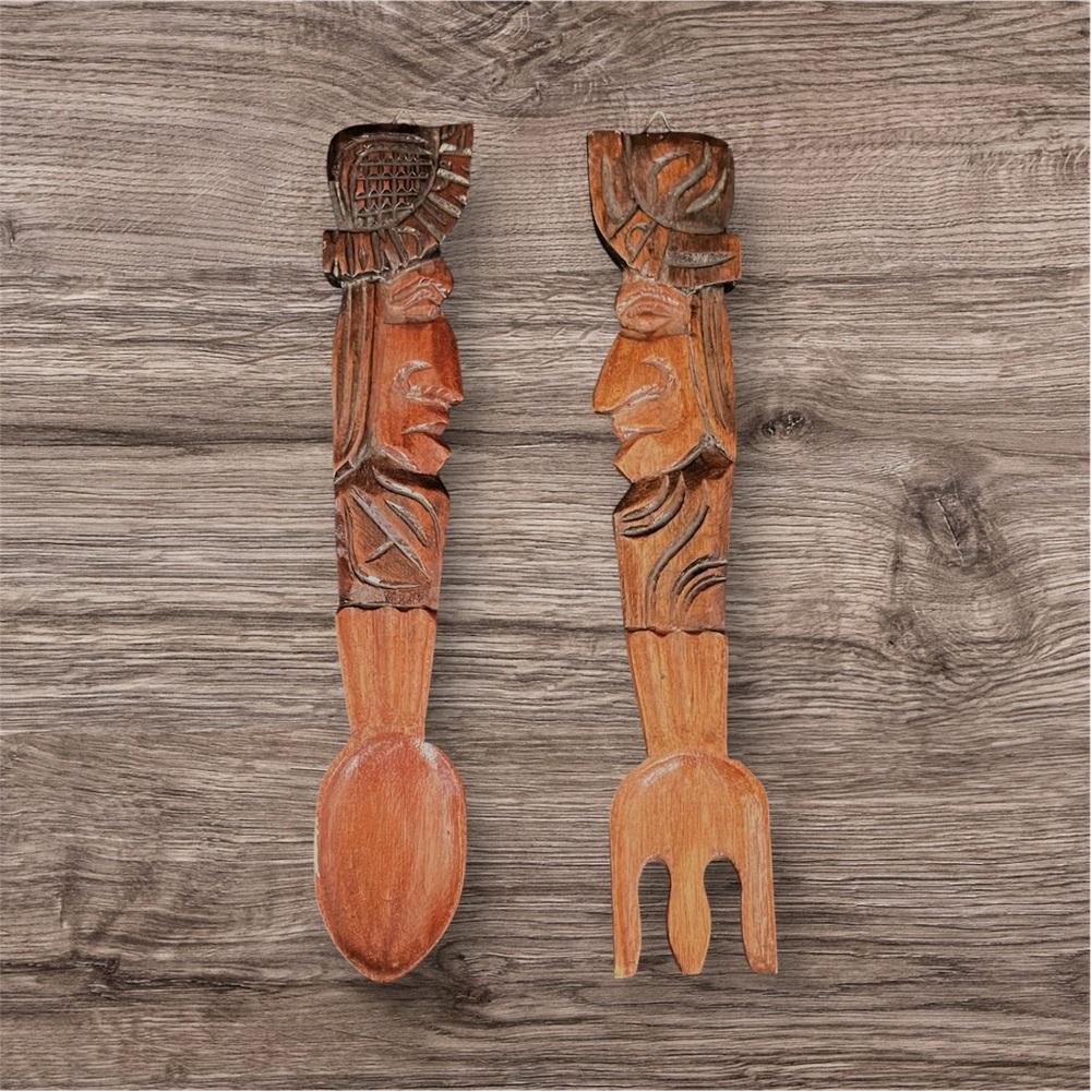 SOLD  Vintage Hand Carved Wood Fork/Spoon (Tiki Totem Honduras) Wall Art